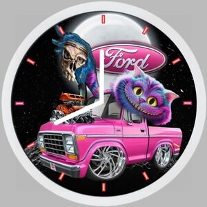 Ford Pink Vintage Truck Wall Clock with Cheshire Cat Crazy Hot Rod Clock